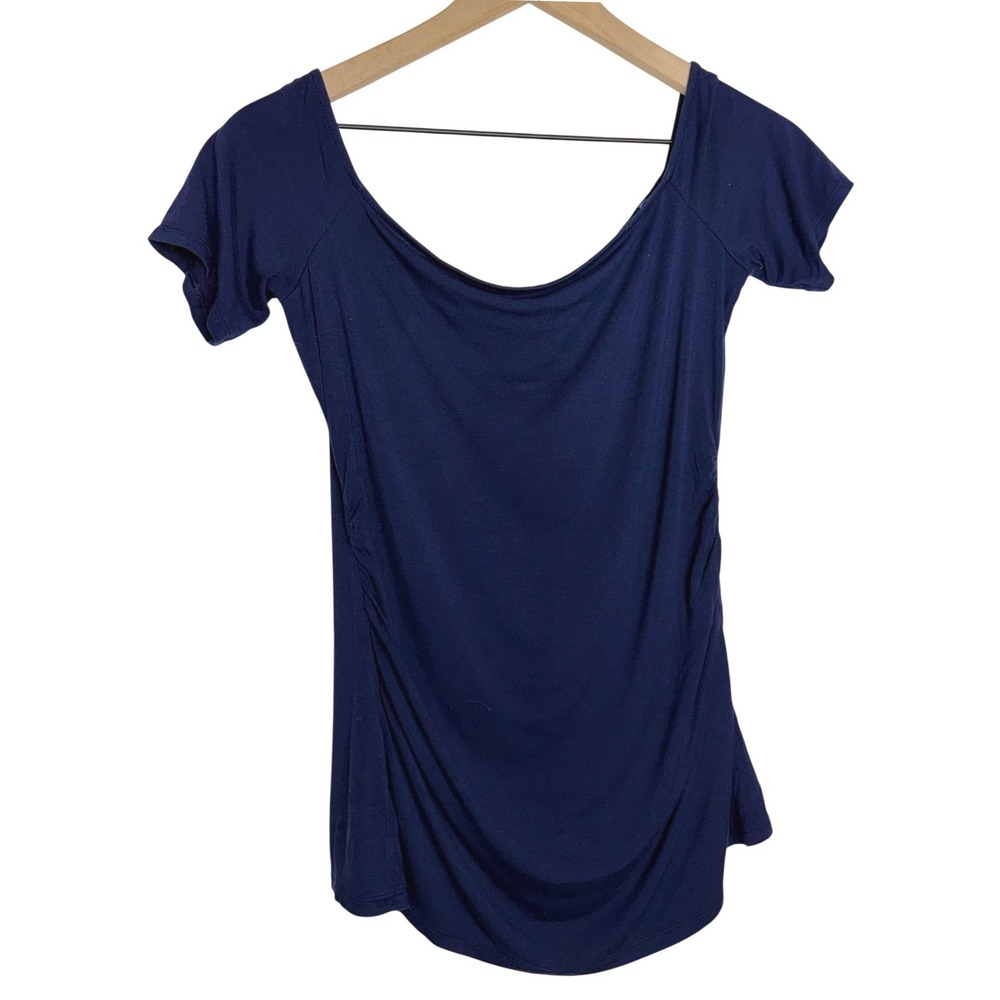 White House Black Market Navy Blue Ruched Scoop Neck Short Sleeve Top Small